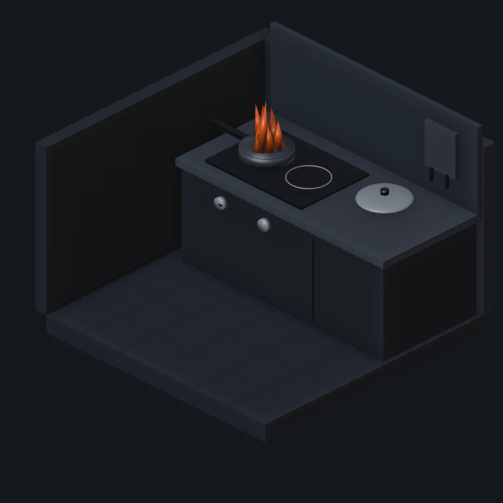 Isometric illustration of a kitchen: a pan with an orange flame on the hob, a lid next to it, and a fire blanket case on the wall.