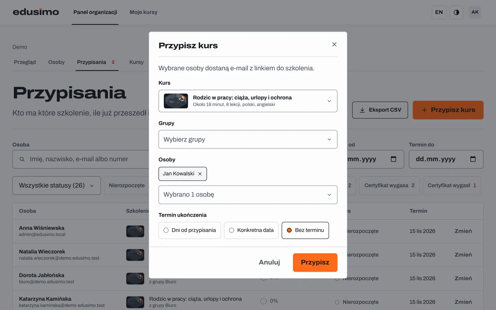 Assign course dialog in Edusimo: choose the course, people or groups and a due date
