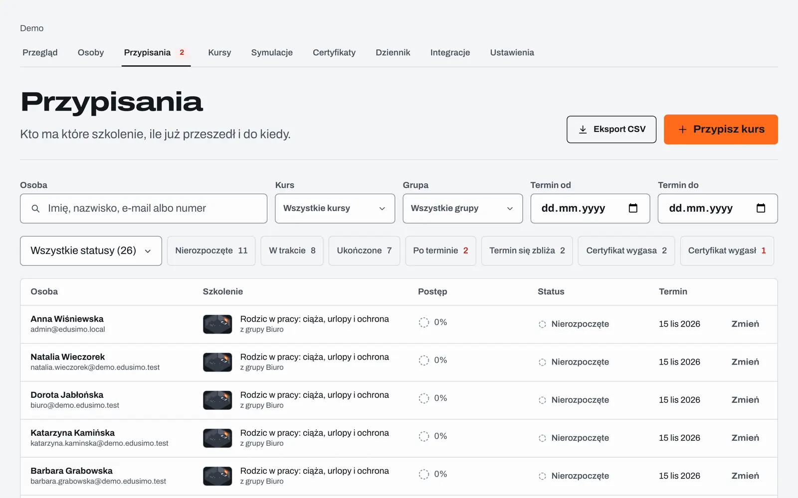 Assignments list in the Edusimo dashboard: people, course, progress, status and due date