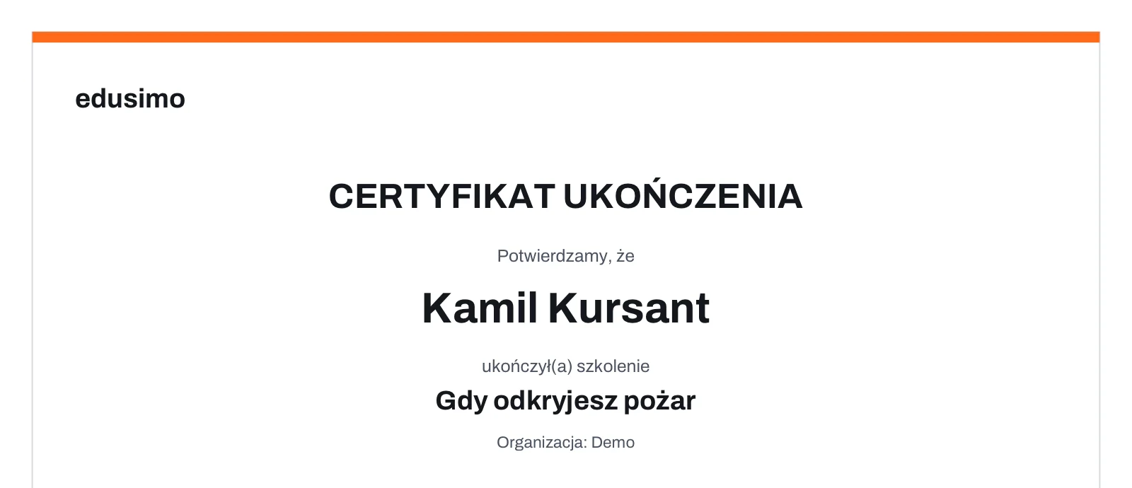 Edusimo course completion certificate in PDF: learner name, course and organisation