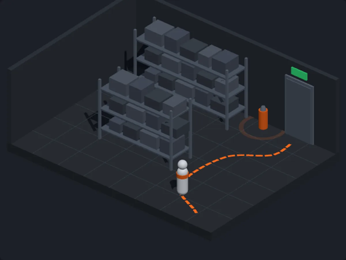 Isometric 3D scene: part of a warehouse with racks, a fire extinguisher and an emergency exit