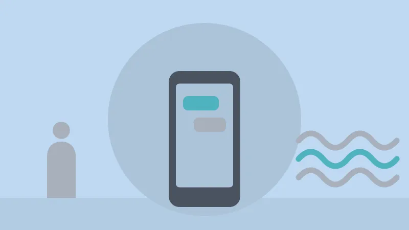 Ilustracja: telefon z wiadomościami, postać, fale hałasu