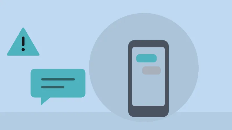 Ilustracja: telefon z wiadomościami, dymki rozmowy, trójkąt ostrzegawczy