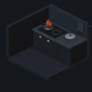 Izometryczna ilustracja kuchni: na płycie grzewczej patelnia z pomarańczowym płomieniem, obok pokrywka, na ścianie etui z kocem gaśniczym.